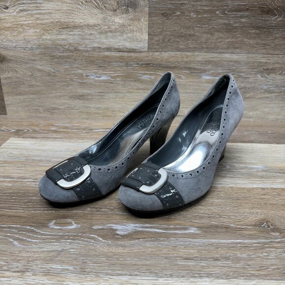 Franco Sarto Gray Suede Silver Buckle Block Heel Women's Size 8.5 - Picture 1 of 6